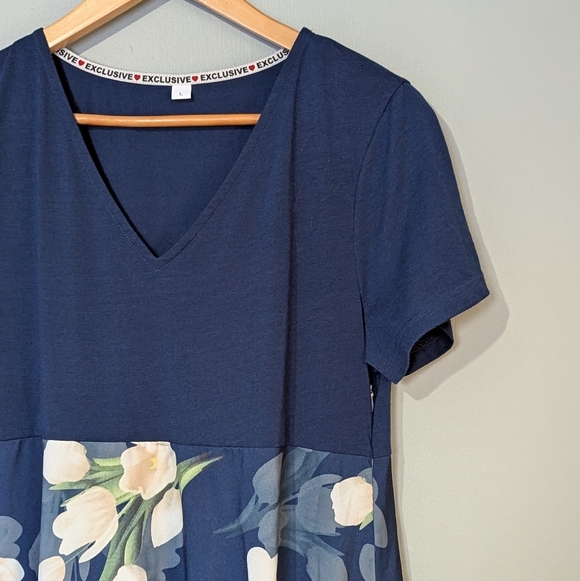 Exclusive‎ Brand Women's Large Navy Floral Maxi Short Sleeve Dress - Picture 4 of 9